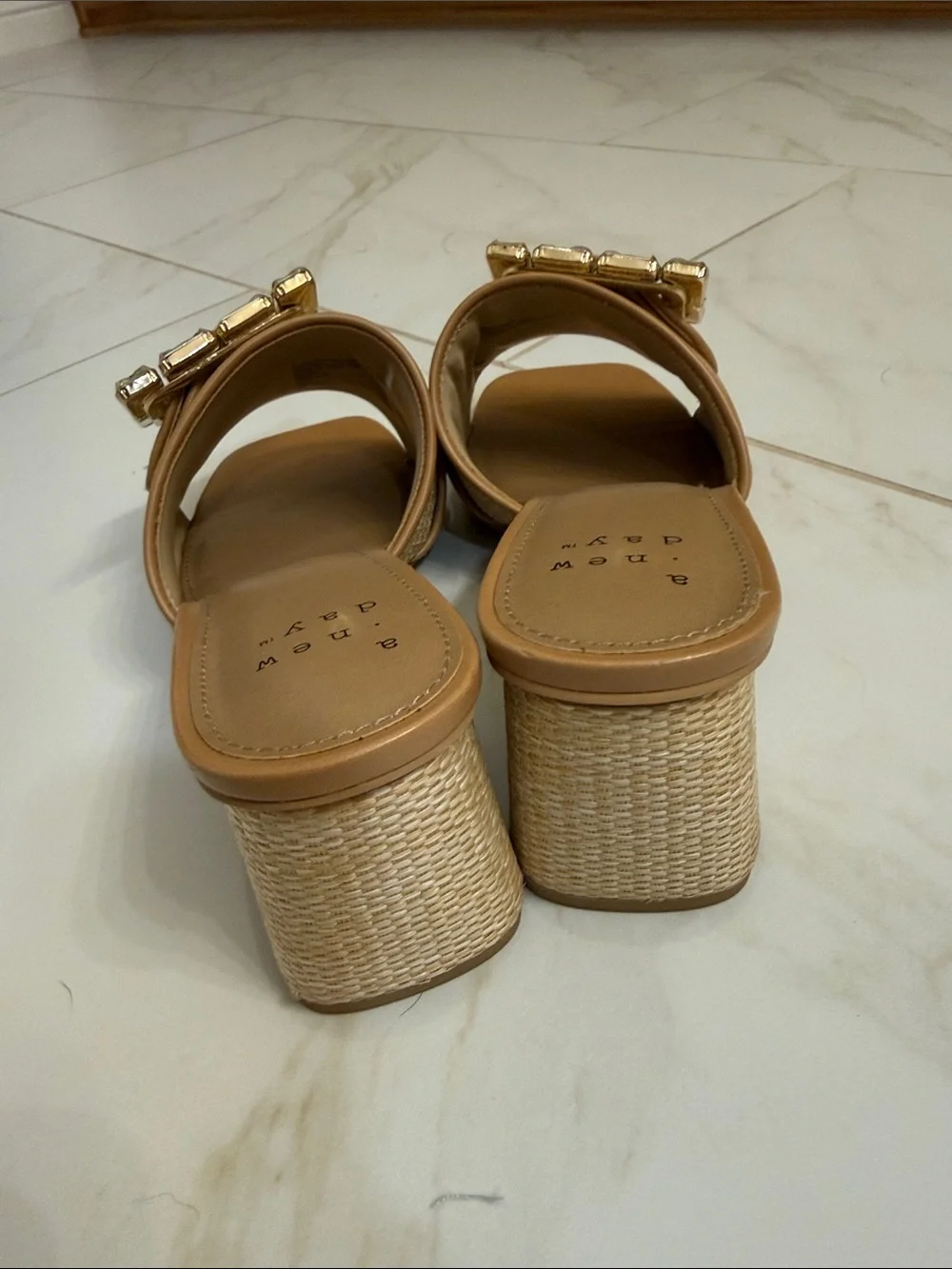 a new day Tan Raffia Block Heel Slide Sandals with Jewel Buckle